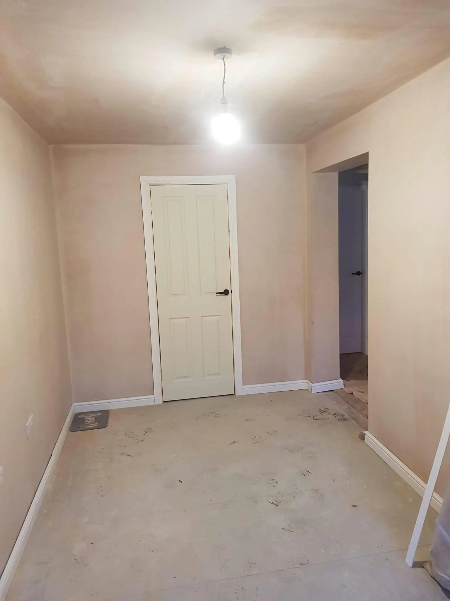 White panelled cupboard door fitted into a newly plastered wall.